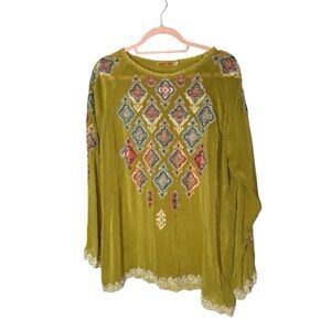 “Johnny Was” Olive Green Embroidered Tunic Top